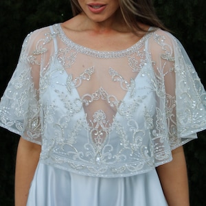 Luxury beaded wedding cape / premium bridal gown topper / sparkling bride shrug capelet / silver rose gold decorative modern art deco tulle