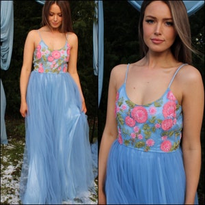 Unique bridal gown / blue wedding dress / embroidered tulle / elegant bride / classic shape scoop neckline spaghetti straps