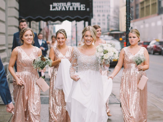 rose gold sparkle bridesmaid dress