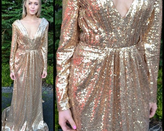 Hollywood red carpet glamour / plunging long sleeve sequin gown / gold sparkle formal gala black tie wedding gown / metallic dress Helena