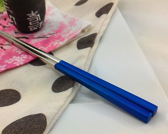 Blue and Silver Metal Chopsticks, Reusable, Dishwasher Safe