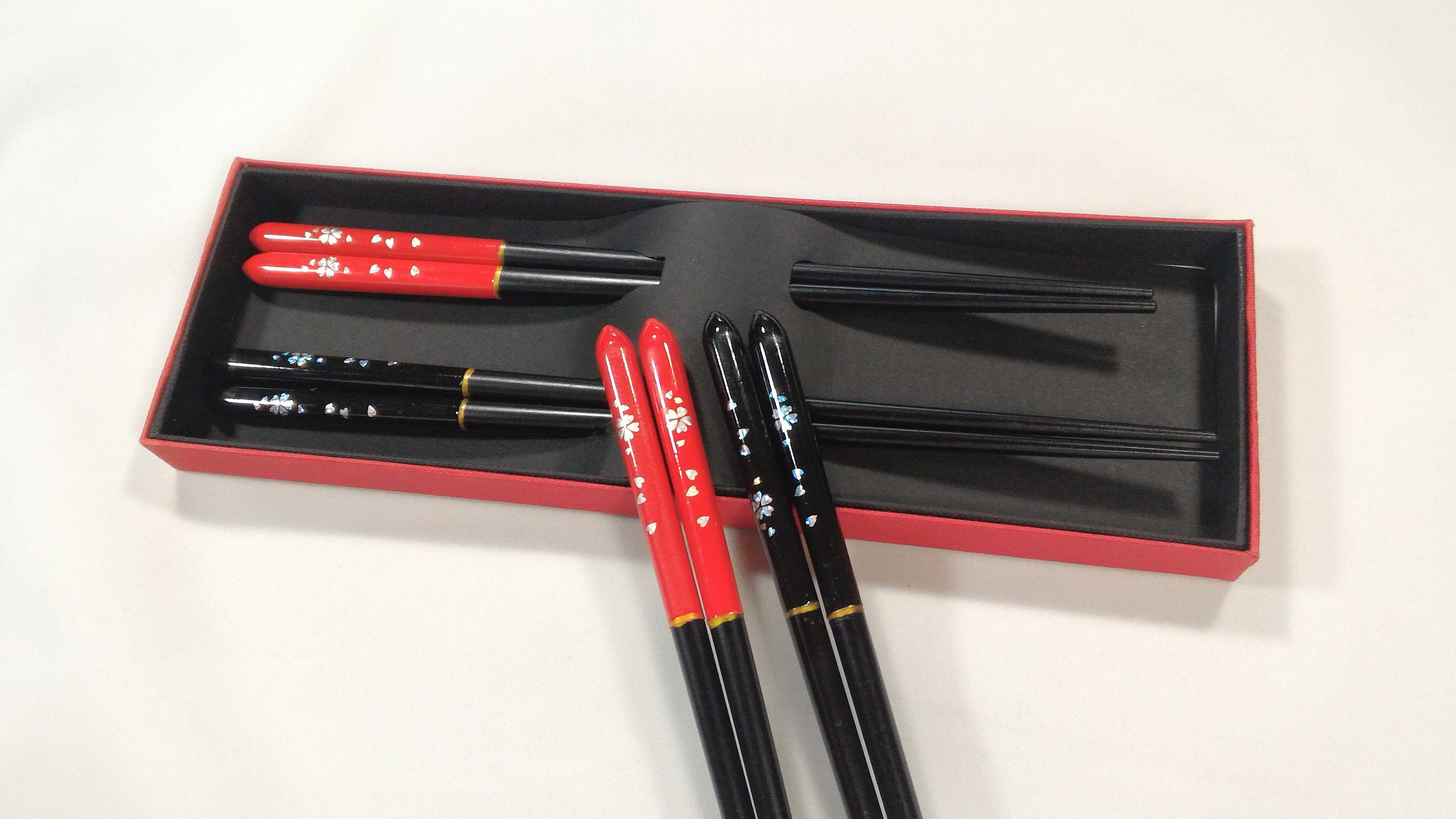 2 Pairs Mother of Pearl Cherry Blossom Chopsticks Set, Red & Black