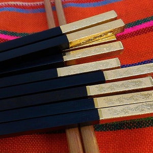 Chinese Golden Dragon Chopsticks. Decorated gold & black sandalwood chopstick, fancy wedding favor! image 8