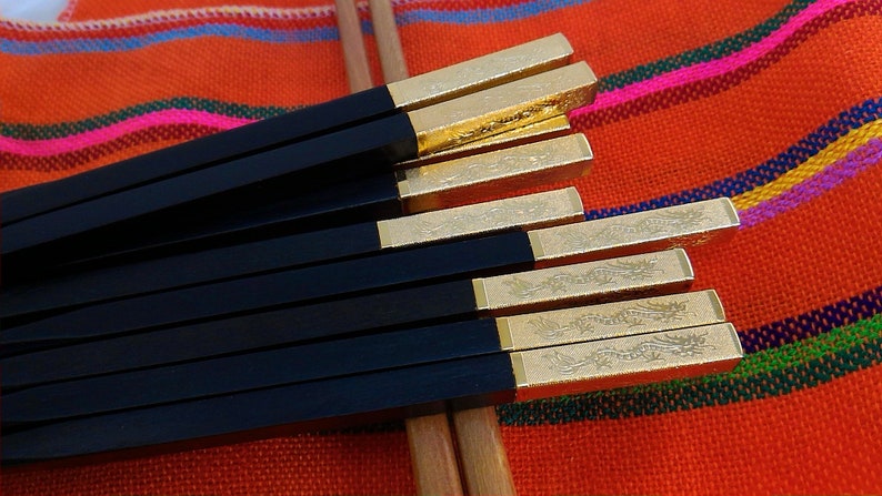 Chinese Golden Dragon Chopsticks. Decorated gold & black sandalwood chopstick, fancy wedding favor! image 8