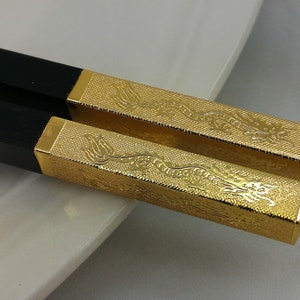 Chinese Golden Dragon Chopsticks. Decorated gold & black sandalwood chopstick, fancy wedding favor! image 1
