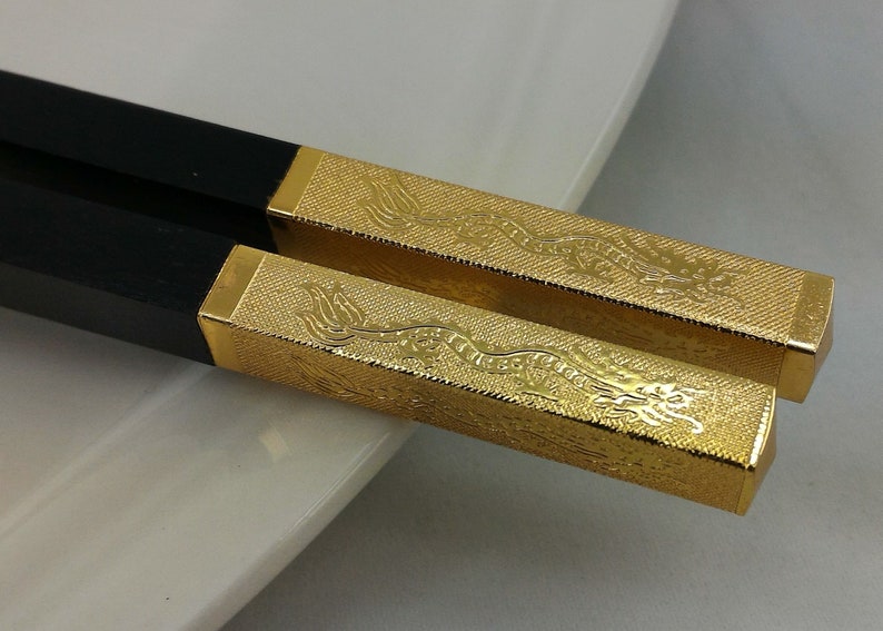 Chinese Golden Dragon Chopsticks. Decorated gold & black sandalwood chopstick, fancy wedding favor! image 1