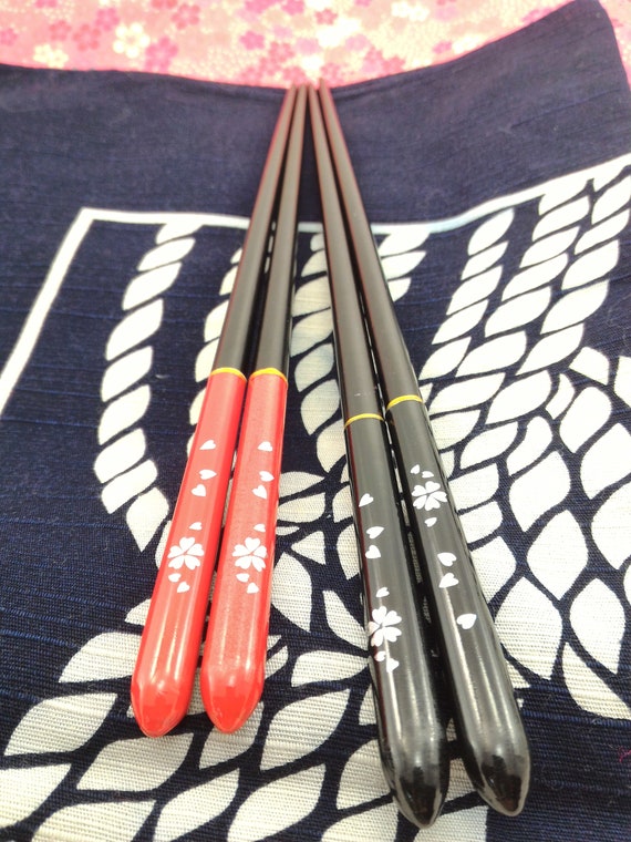 2 Pairs Mother of Pearl Cherry Blossom Chopsticks Set, Red & Black
