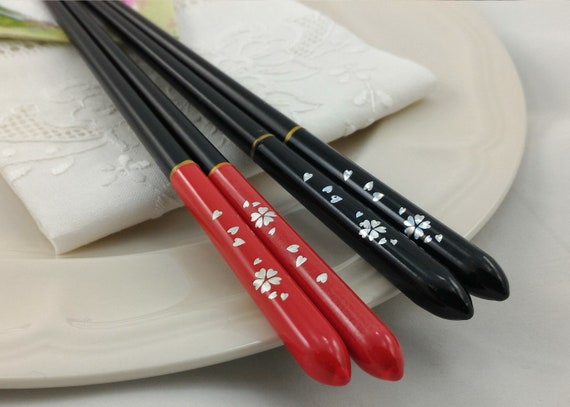 2 Pairs Mother of Pearl Cherry Blossom Chopsticks Set, Red & Black