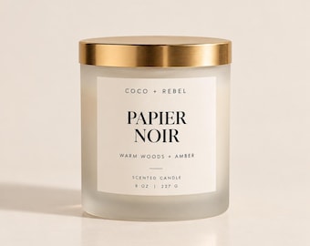 Papier Noir Candle – Warm Woods & Amber | Luxury Scented Candle | Woody Amber Home Fragrance | 8 oz Candle Gift