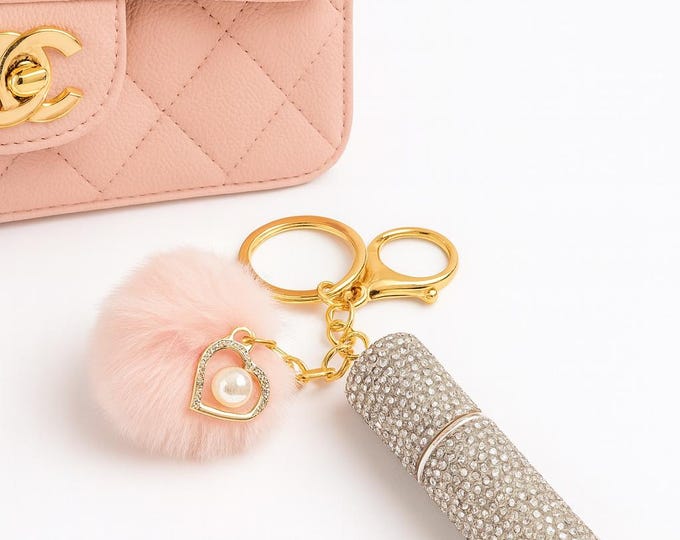 Rhinestone Perfume Keychain with Pink Puff & Heart Charm (5ml)