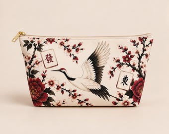 Mahjong Bag, Crane Mahjong Accessory Pouch, Asian Inspired Floral Mah Jongg Gift, Mahjong Travel Bag, Mahjong Lover Gift