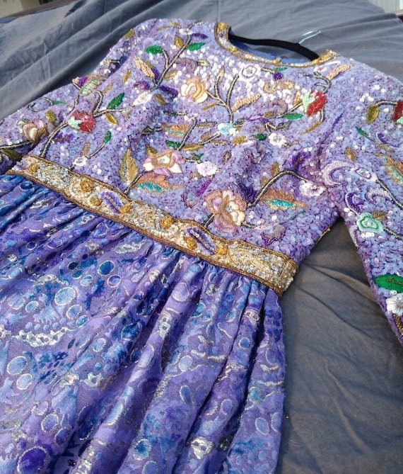1970’s Hostess Dress Gown Maxi Purple Sequined Be… - image 1