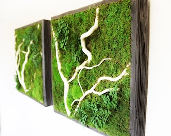 24" Artisan Moss Plant Painting: White Branch Green Wall Art