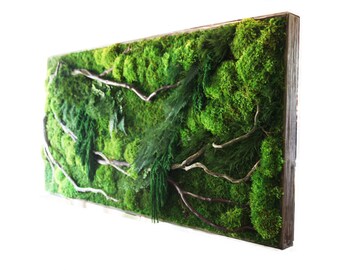 Large Moss Wall Art: Red Branch & Fern Plant Painting (68" x 33")