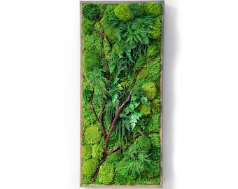May include: A rectangular wall art piece featuring a vibrant arrangement of green moss and ferns. Brown branches extend across the surface, creating a natural, textured design. The artwork is framed in a light-colored wooden border.