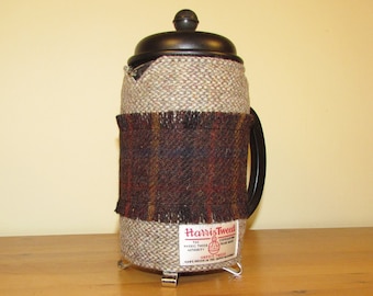 Harris Tweed 8 Cup Cafetiere Blanket (French Press Cosy / Cover) - Brown Fringed Band - Coffee Lover's Gift