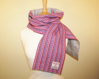 6 Foot Harris Tweed Cotton Lined Scarf - Pink Blue Herringbone Stripe