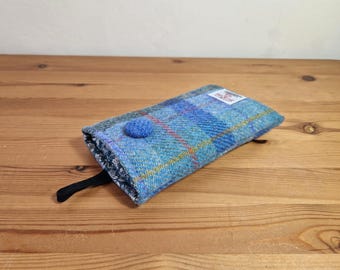 LARGE Harris Tweed Phone Sleeve: Soft Blue Tartan, Padded Pouch