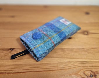 LARGE Harris Tweed Phone Sleeve: Soft Blue Tartan, Padded Pouch