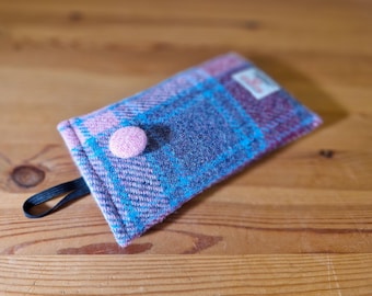 GRANDE custodia per cellulare in Harris Tweed - Tartan rosa e viola - per iPhone 12/13/14 Samsung Galaxy 22+/23+