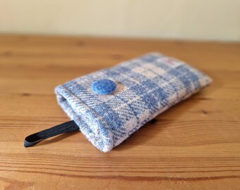LARGE Harris Tweed Phone Sleeve: Blue Oatmeal Check, Padded Pouch