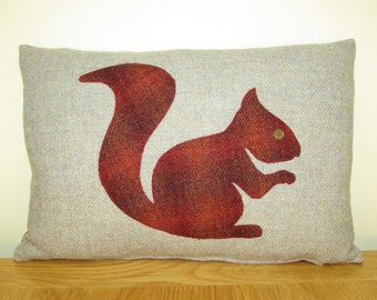 Harris Tweed Cushion Cover - Applique Squirrel - Reddish Brown Soft Check