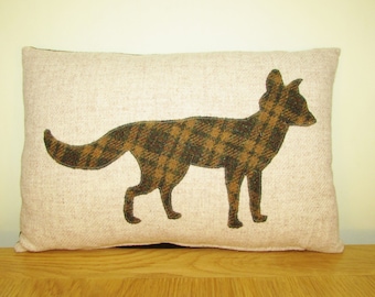 Harris Tweed Cushion Cover - Appliqued Fox - Dark Green Tan Check