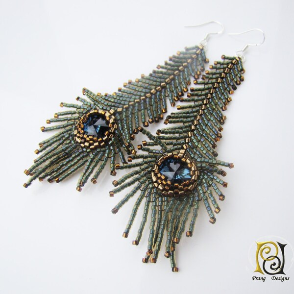 Peacock feather earrings, seed  beads earrings, Prang Designs, Swarovski crystal earrings, green