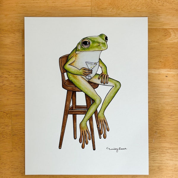 Frog Drinking Martini Painting, funny animal art, fine art print