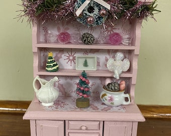 1:12 Pink Christmas Dollhouse Hutch, Christmas Dollhouse Furniture, Custom Dollhouse Decor, Mini Christmas Diorama, Christmas Shelf