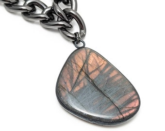 Hera I // Labradorite Statement Necklace, Chunky Chain, Gunmetal, Crystal, Metaphysical