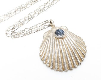 Moonstone Seashell Necklace // Scallop, Celestial, moon, crescent, seashell jewelry, metal plated seashell, preserved, blue