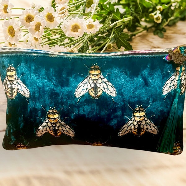 Velvet bee luxury make up cosmetic purse teal satin lined with zip Christmas gift present