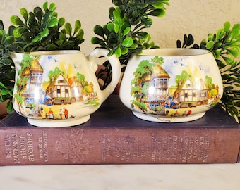 Antique Lancaster Ware Sugar & Creamer Set Down Somerset Way c.1920