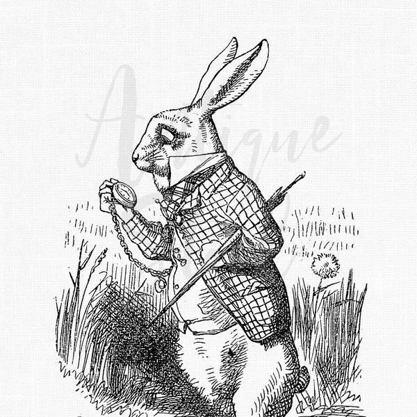 White Rabbit Watch Image Alice in Wonderland Vintage Drawing for Crafts, Tags, Design, Temporary Tattoos, Collages...