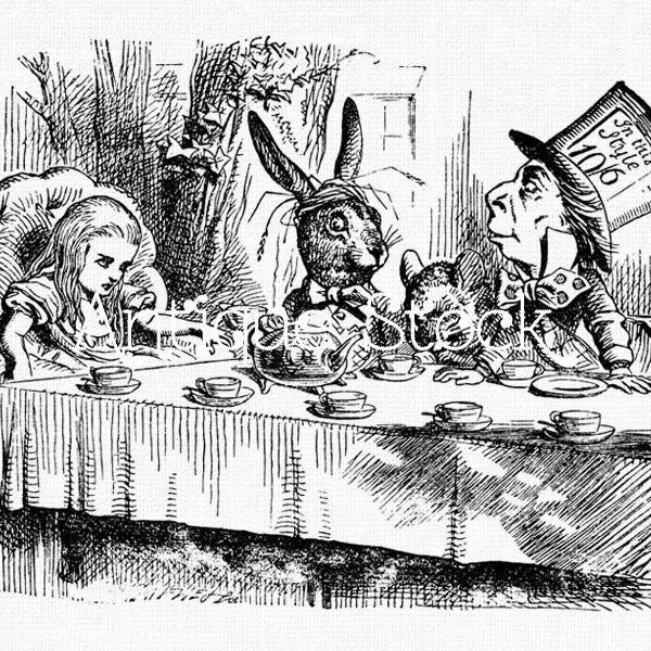 Alice in Wonderland Old Image Tea Party Drawing - Vintage illustration