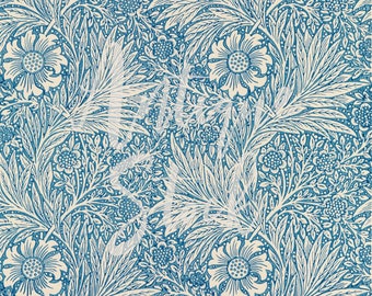 May include: A blue and white floral pattern wallpaper with a repeating design of stylized flowers and leaves.