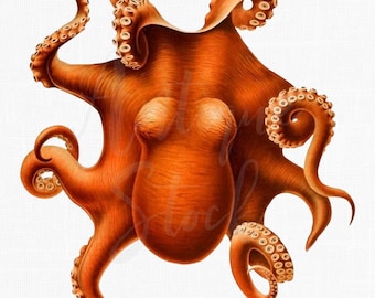 Red Octopus Vintage Clip Art &quot;Die Cephalopod&quot; Sea Life Animal Illustration for Wall Art Prints, Scrapbook, Crafts, Decoupage...