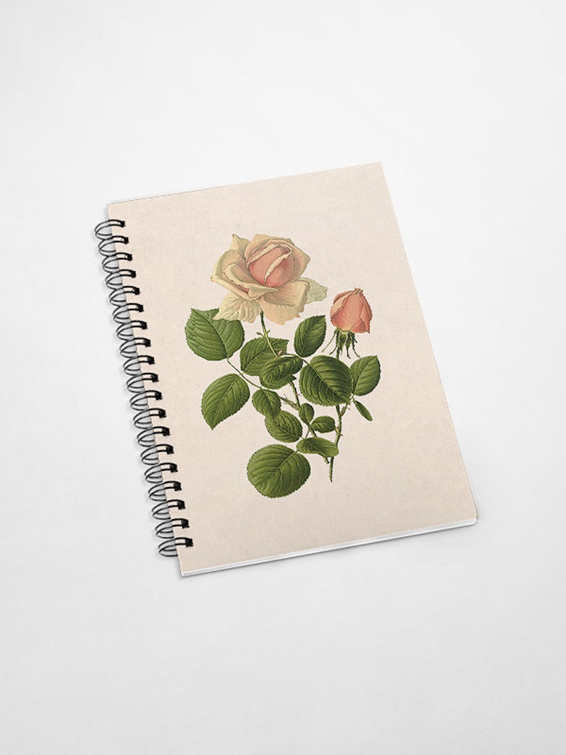 Op de afbeelding: Een spiraalgebonden notitieboek met een beige omslag met een vintage illustratie van een roze en witte roos met groene bladeren.