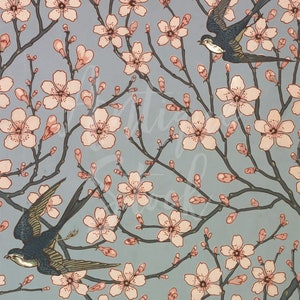 May include: A repeating pattern of pink cherry blossoms and dark blue birds on a light blue background. The birds are flying in different directions.