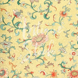 Floral Digital Paper, Instant Download &quot;Chinese Ornament 032&quot; Yellow Vintage Scrapbook Paper for Printing, Crafts, Decoupage...