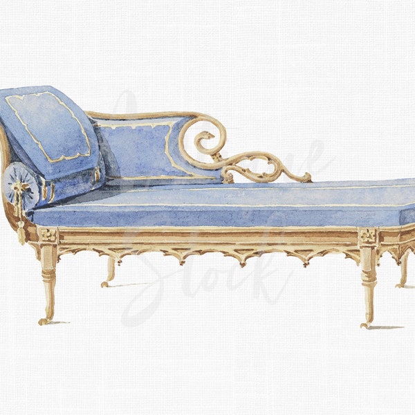 Digital Element "Blue Watercolor Sofa" PNG Illustration for Collages, Decoupage, Scrapbook, Invitations, Iron on Transfers, DIY Projects...