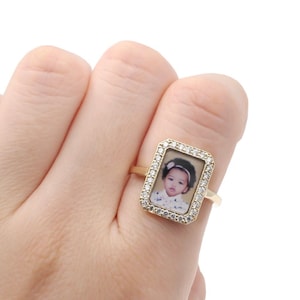 Solid Gold (10K, 14K, Silver Option) Custom Photo Dainty Ring - Rectangle Ring with Diamond