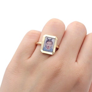 Solid Gold (10K, 14K, Silver Option) Custom Photo Dainty Ring - Plain Rectangle