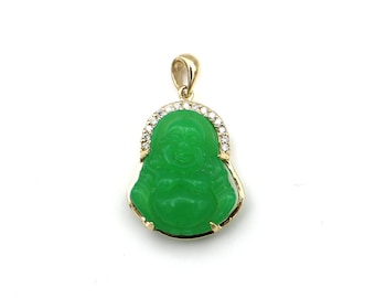 May include: Gold pendant featuring a green jade Buddha figurine with a diamond-encrusted halo.