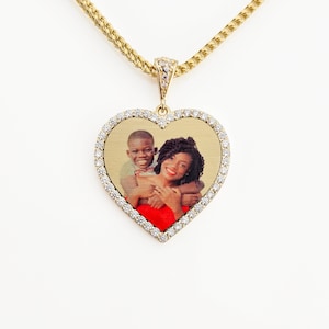 Heart Photo Pendant Necklace 14K Real Solid Gold with CZ 25mm 34mm • 1-inch 1.3-inch Picture Pendant • Picture Necklace • Photo on Gold