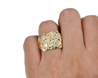 10K 14K Yellow Gold Nugget Ring with Diamonds 1.25ct – Vintage Style Textured Gold Band