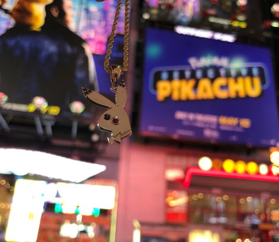 Playboy Pikachu Pendant In 14k Yellow Gold With Black Diamond Ruby