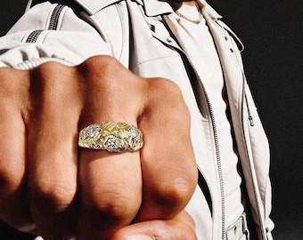 10K or 14K Yellow Gold Nugget Ring with Diamonds – Vintage Style Textured Gold Band