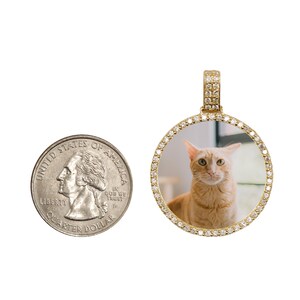 May include: A gold pendant with a round photo frame encrusted with small diamonds. The photo inside the frame shows a close-up of a ginger cat.